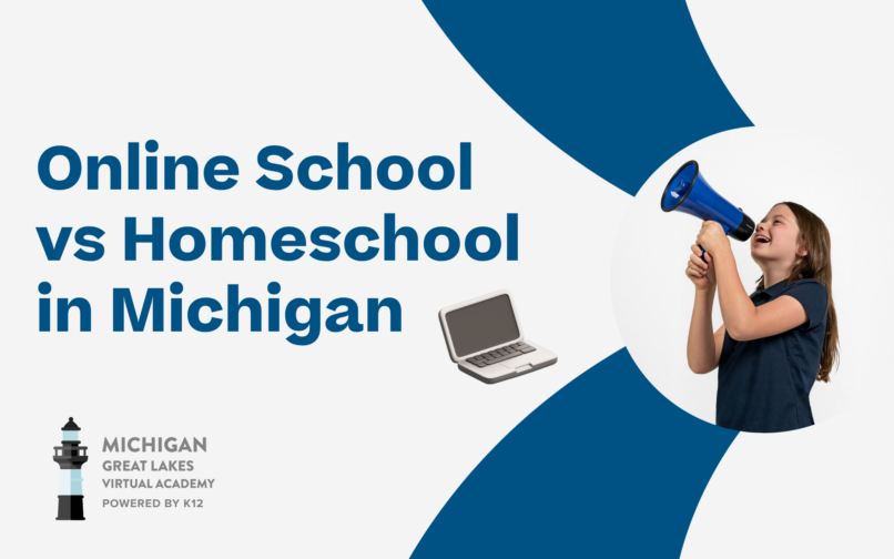 An image with the school logo, text that reads: "Online School vs HomeSchool in Michigan" and a picture of a girl and a laptop illustration.